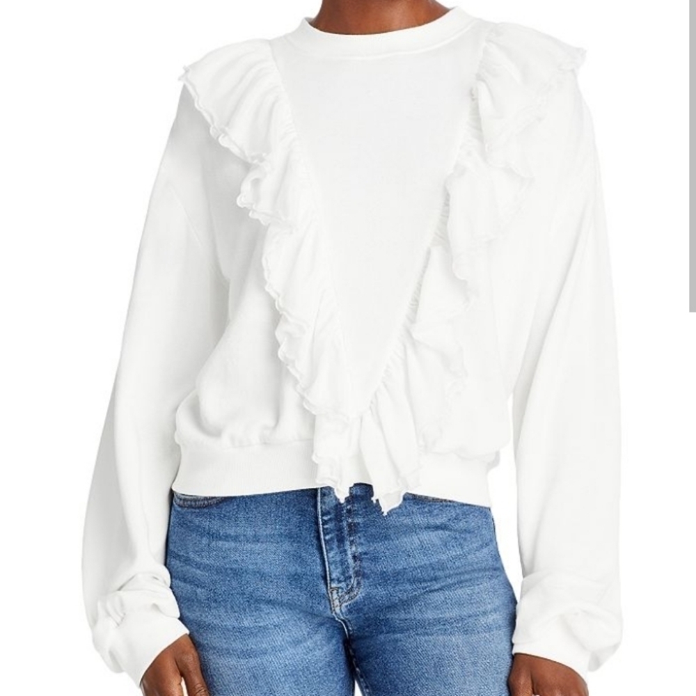 Alice and Olivia Carrie Ruffle Sweatshirt in Off White